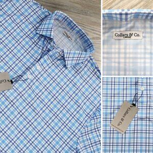 Collars & Co Blue Plaid All Over Print Men's L Performance Golf Dress Polo Shirt